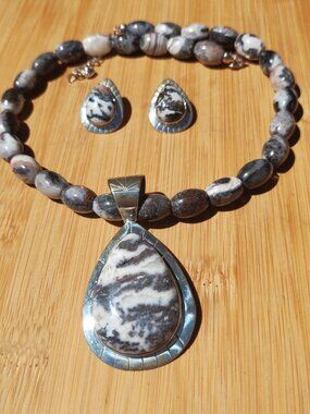 Jay King DTR zebra Jasper necklace pendant earrings 925 Sterling Silver